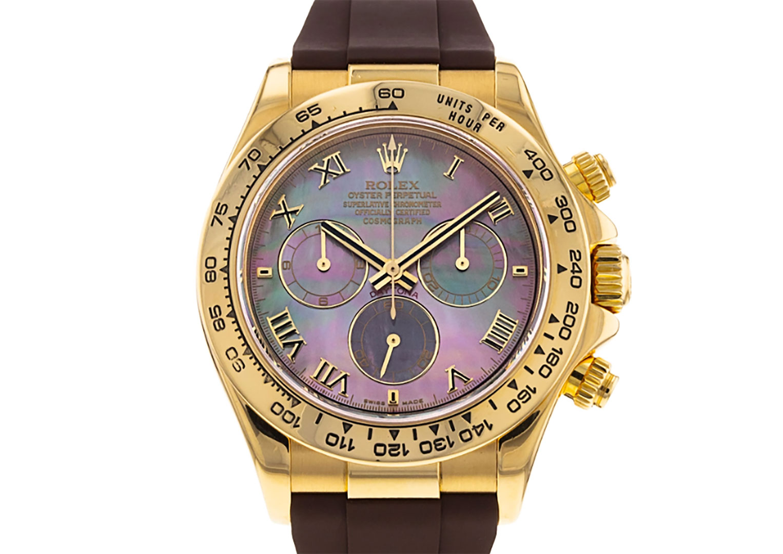 A yellow-gold reference 116518 with mother-of-pearl dial