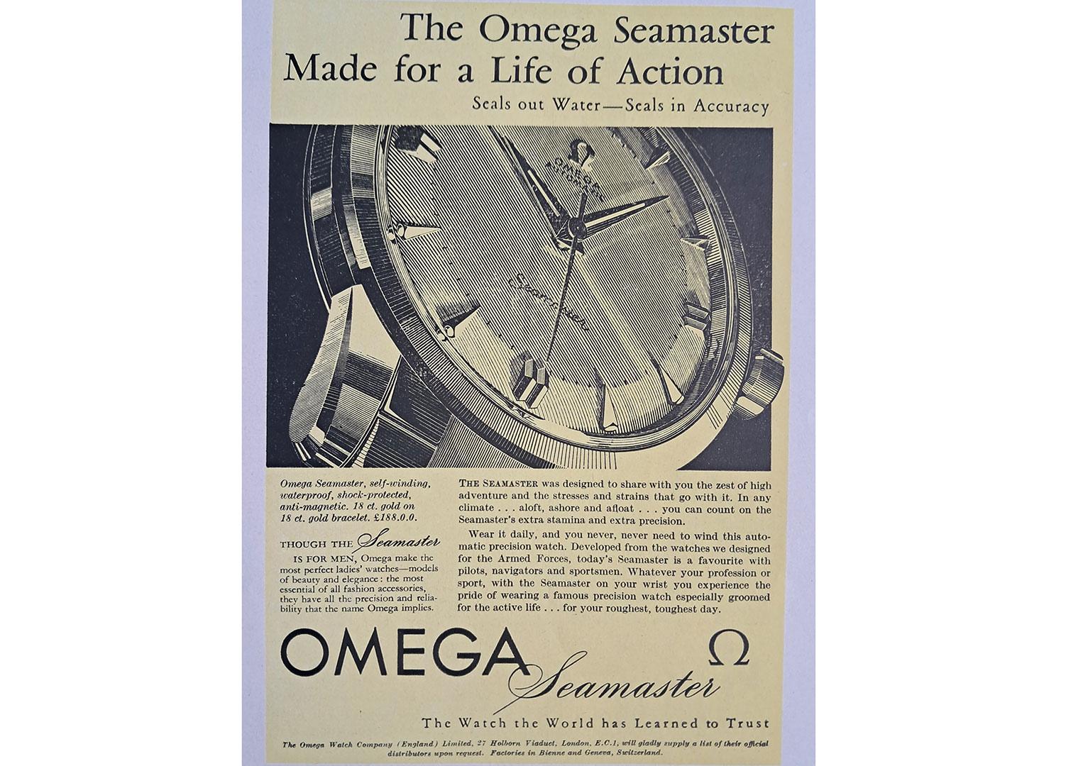 An Omega Seamaster newspaper advert from the 1950s